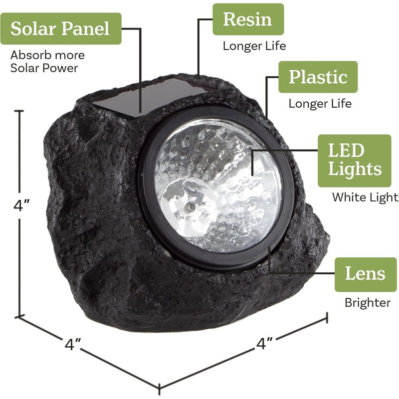 Lampara foco Luz solar para jardín en forma de roca negra. con panel solar en forma de piedra negra. Luz cálida.