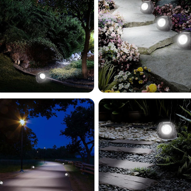 Lampara foco Luz solar para jardín en forma de roca negra. con panel solar en forma de piedra negra. Luz cálida.