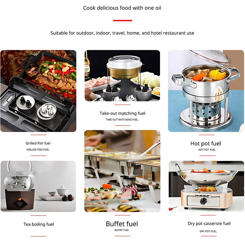 Fuego instantaneo Lata de Combustible para chafing dish y Catering. Combustible enlatado para calentar alimentos. Mecha de 2 horas (Pack de 72 Unds)