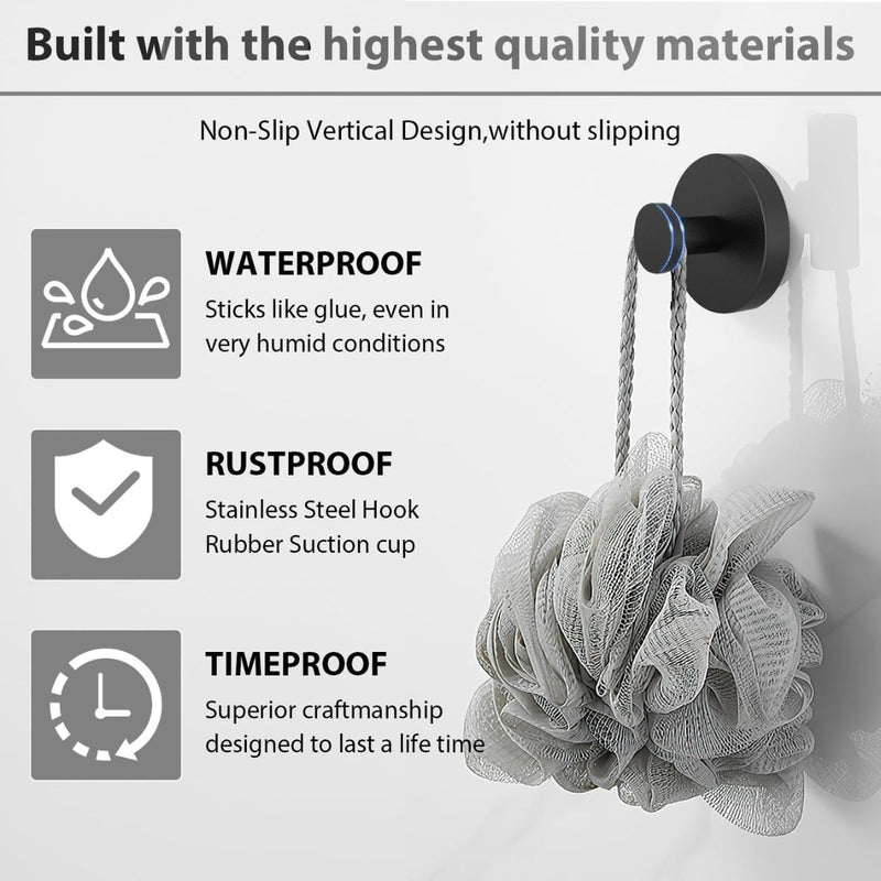 Gancho toallero de acero inoxidable. Acabado Negro con ventosa o chupon. Gancho para guindar. (Set de 2 piezas)