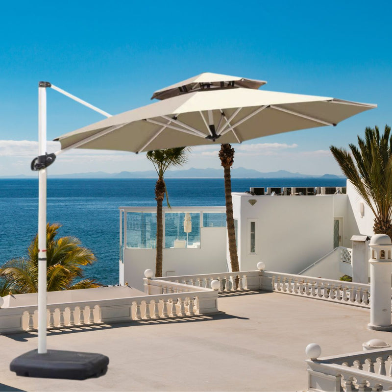 Sombrilla de patio 3m con Base Pesada. Paraguas para jardin exteriores voladizo con doble capa superior. Color crema.