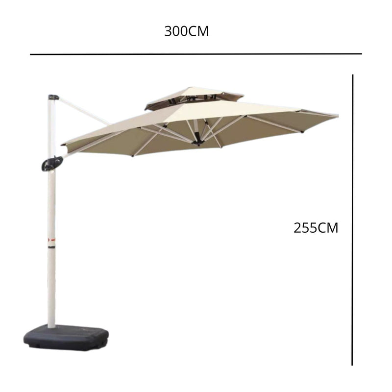 Sombrilla de patio 3m con Base Pesada. Paraguas para jardin exteriores voladizo con doble capa superior. Color crema.