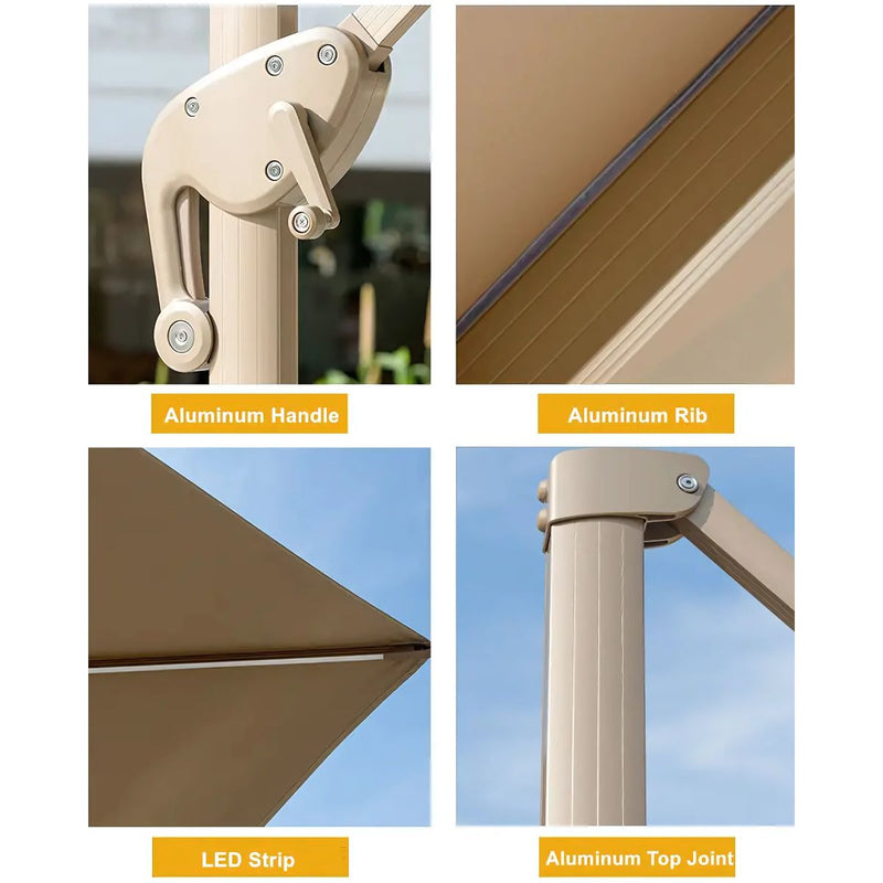 Sombrilla de patio 3m con iluminación LED integrada. Paraguas para jardin exteriores voladizo con doble capa superior. Color crema.