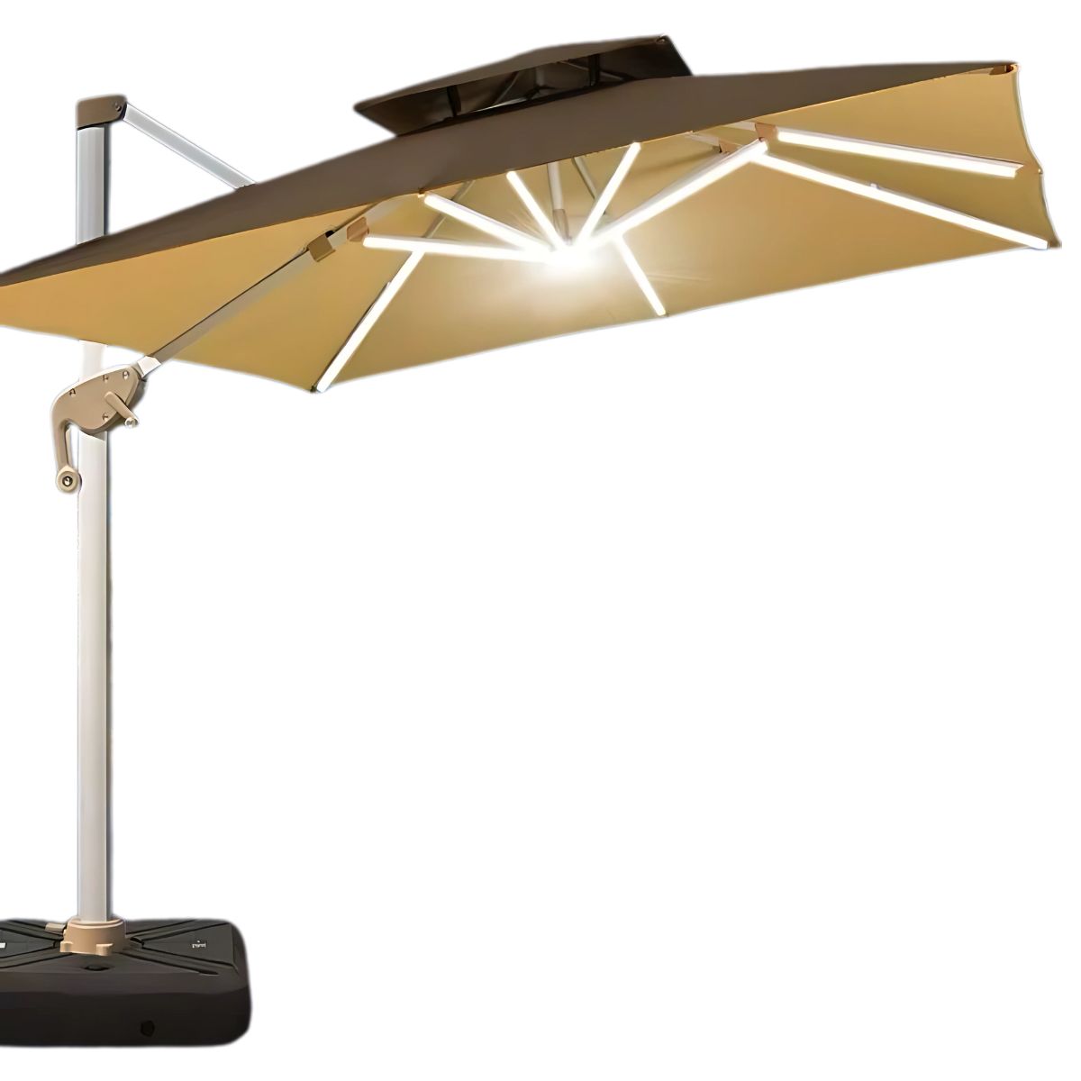 Sombrilla de patio 3m con iluminación LED integrada. Paraguas para jardin exteriores voladizo con doble capa superior. Color crema.