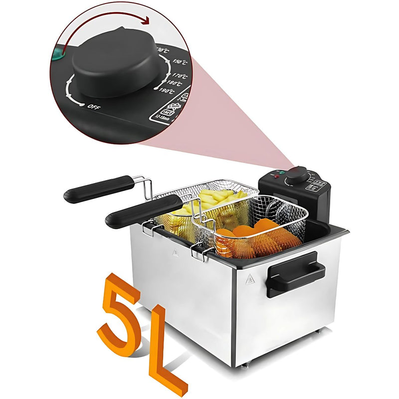 Freidora con aceite Deep Fryer 5L de acero inoxidable. 2100W Rango de 0 a 190°C. 110V