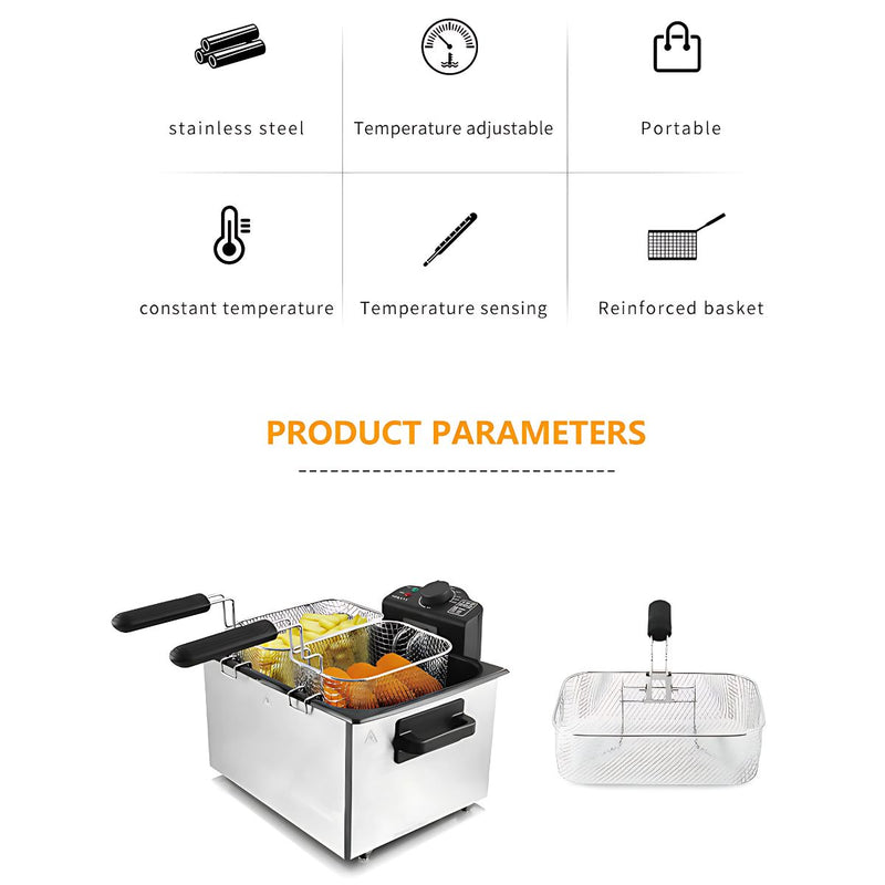 Freidora con aceite Deep Fryer 5L de acero inoxidable. 2100W Rango de 0 a 190°C. 110V