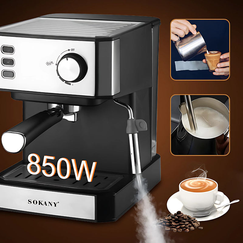 Cafetera Espresso 850W. Máquina de Café Multifuncional con Espumador de Leche y Tanque 1.5L.