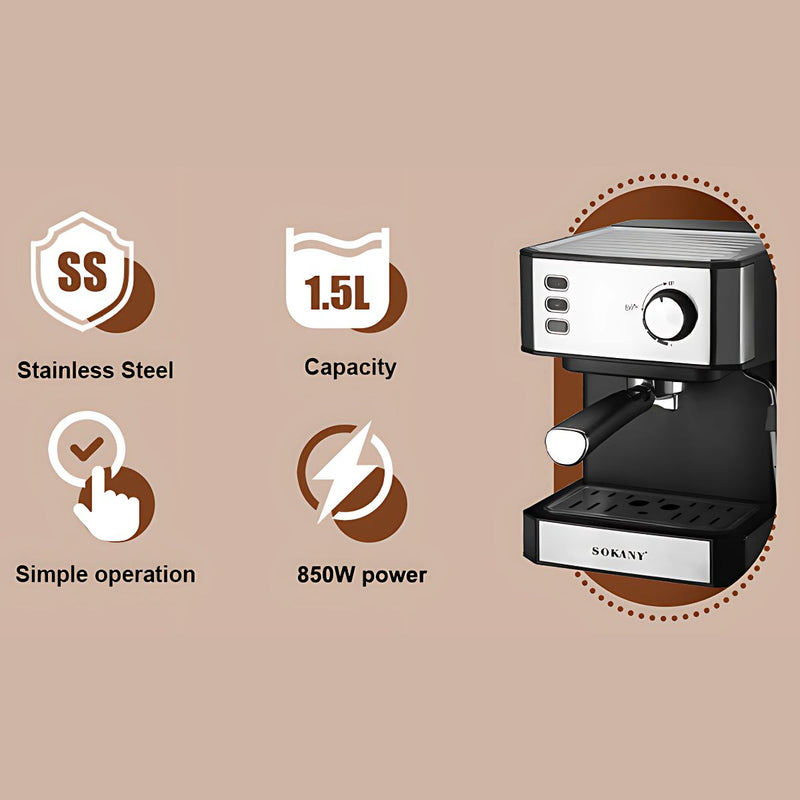 Cafetera Espresso 850W. Máquina de Café Multifuncional con Espumador de Leche y Tanque 1.5L.