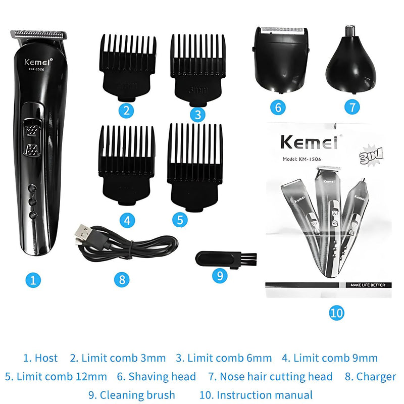 Cortadora de Cabello Eléctrico 3 en 1. Afeitadora. Recortador de Vello Nasal. Incluye accesorios.