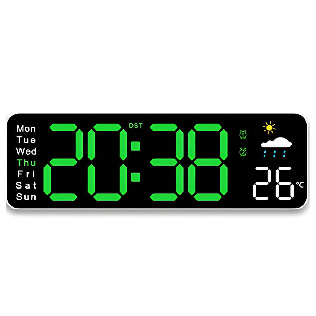 Reloj Digital de Pared. Calendario digital. Alarma con Luz LED. Cronometro. Incluye control remoto. 28 x 9 x 8cm