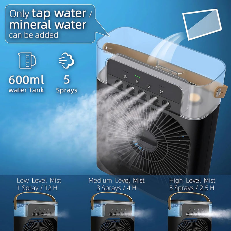 Ventilador de aire acondicionado portátil. Para agua y hielo Humidificador pequeño 600ml. Difusor de aroma. Abanico de escritorio. Color Negro.