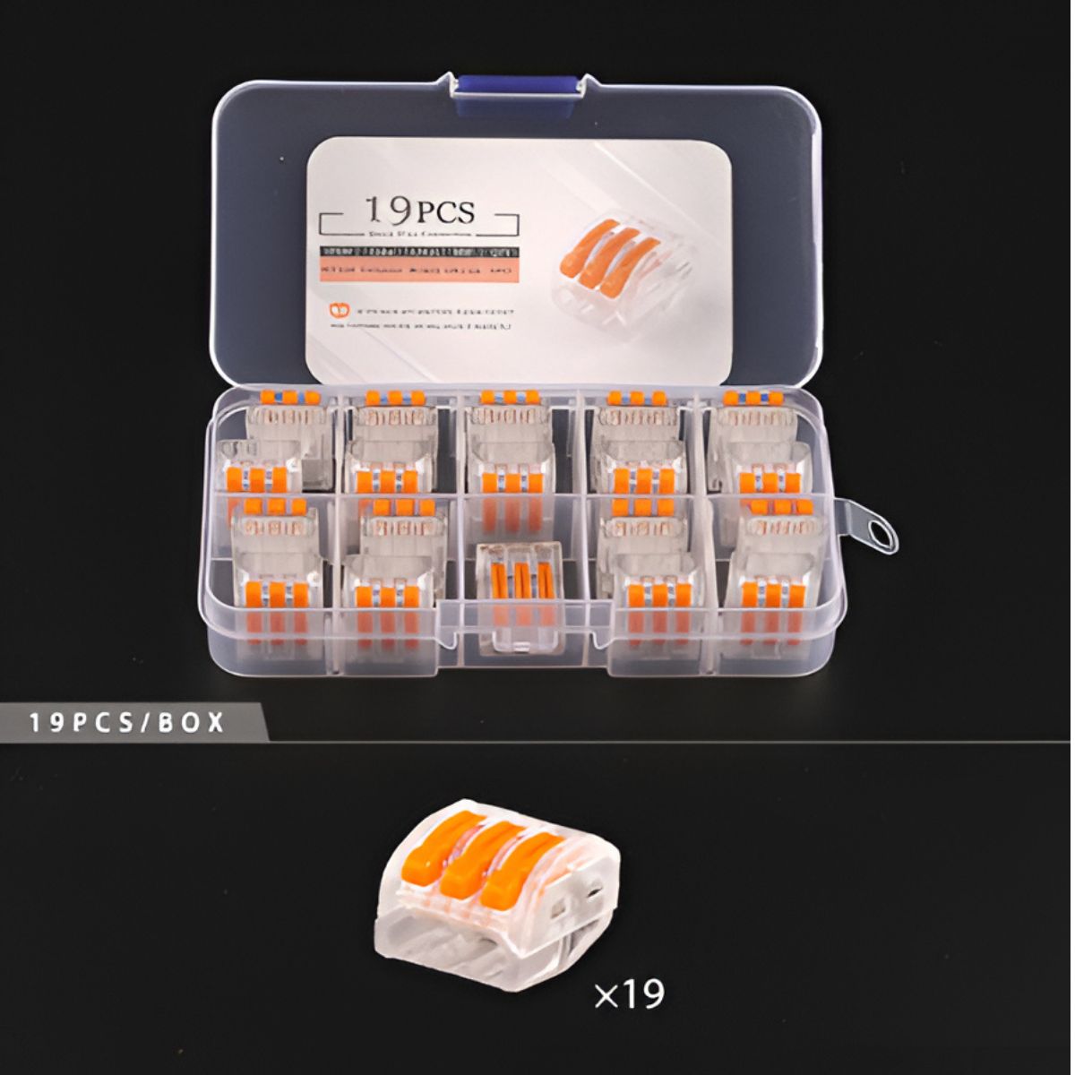 Terminales Empalme de conexión rápida para cables eléctricos 213 (tres vias). Uniones. Conectores De palanca. Lever-Nut. Set de 19pcs.