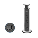 Enchufe Toma Corriente Retráctil con 3 salidas y 2 puertos USB. Torre de enchufe para sobre mesa, cocina, escritorio, oficinas.