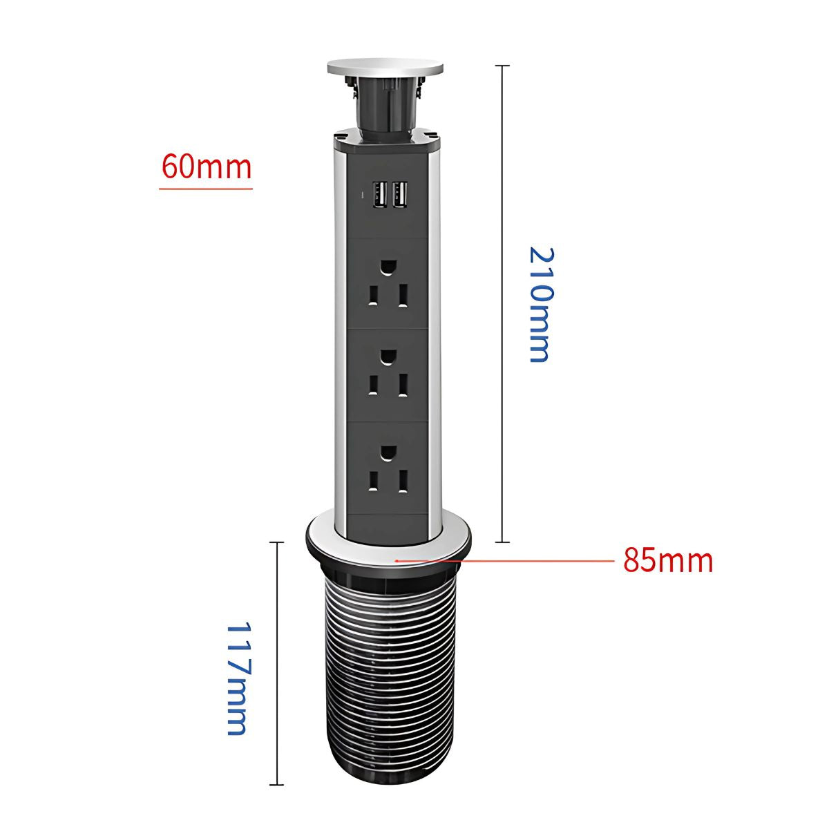 Enchufe Toma Corriente Retráctil con 3 salidas y 2 puertos USB. Torre de enchufe para sobre mesa, cocina, escritorio, oficinas.