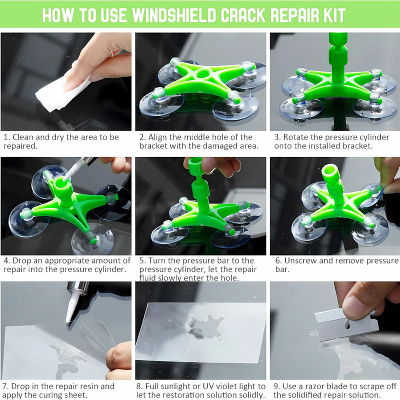 Reparador de Grietas vidrios de Parabrisas. Kit de Reparacion de Cristales Ventanas Vidrios de auto. Reparador de vidrios rotos o astillados.