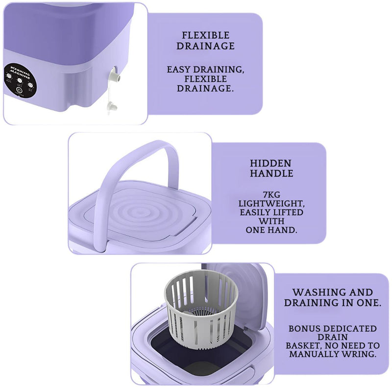 Lavadora Plegable Portátil Silenciosa. Mini Lavado semiautomático (8 litros). Color Purpura. Pequeña