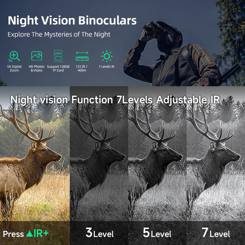 Binoculares de visión nocturna 4K con pantalla grande de 3’’. Captura Fotos y videos. Incluye memoria SD de 32GB