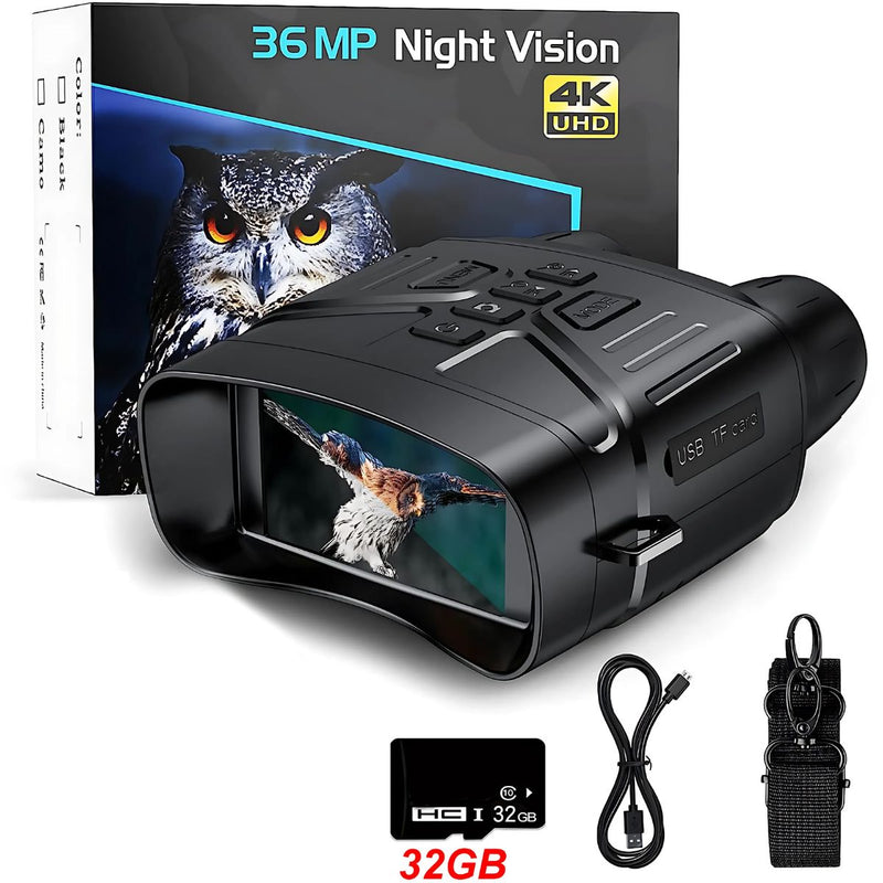 Binoculares de visión nocturna 4K con pantalla grande de 3’’. Captura Fotos y videos. Incluye memoria SD de 32GB