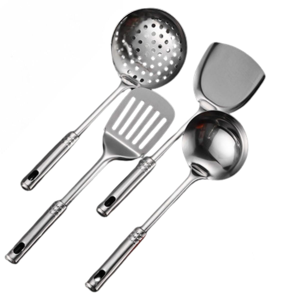 Cucharones de cocina, espatula. Juego de 4 piezas. Set de Utensilios de acero inoxidable antiadherentes.