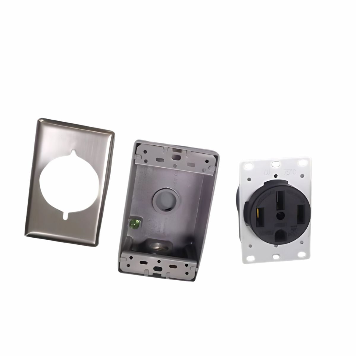 Enchufe de Pared NEMA 14-50R 50A 250V. Receptáculo De Montaje Empotrado. Caja Metálica, Placa. Color Negro.