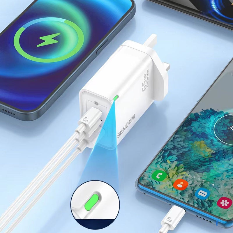 Cubo carga rápida de 65W. Cargador con 2 puerto Tipo-C y 1 USB. (No incluye cable).