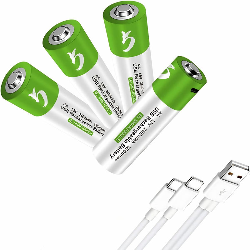 Baterías AA Recargables Con Carga USB-C, 1.5V 2600mWh. Con 1200 Ciclos De Vida. (Pack de 4 unidades)