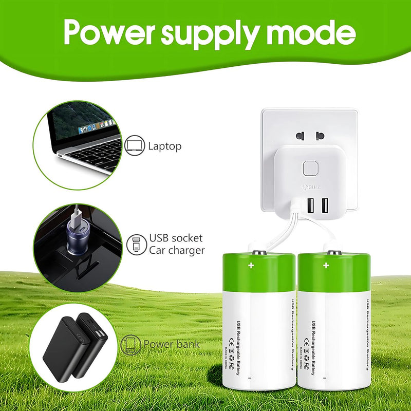 Baterías tipo D Recargables Con Carga USB-C, 1.5V 12000mWh. Con 1200 Ciclos De Vida. (Pack de 2 unidades)