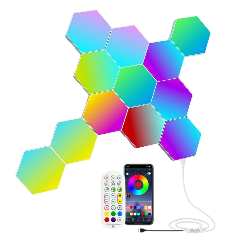 Luces LED paneles de pared Hexagonales Inteligentes. Iluminación Modular RGB con app y control remoto. (Pack de 12 piezas)