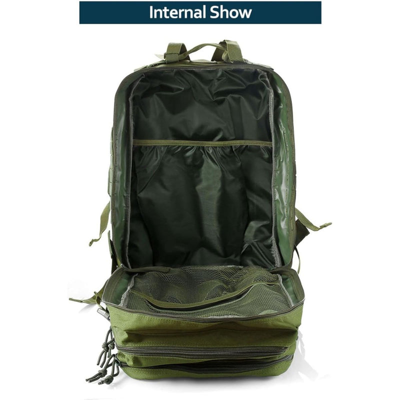 Mochila táctica militar de 45L. Backpack con sistema MOLLE. Bolso impermeable y resistente. Color verde.
