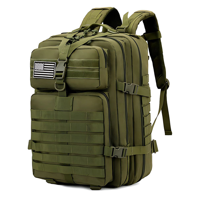 Mochila táctica militar de 45L. Backpack con sistema MOLLE. Bolso impermeable y resistente. Color verde.