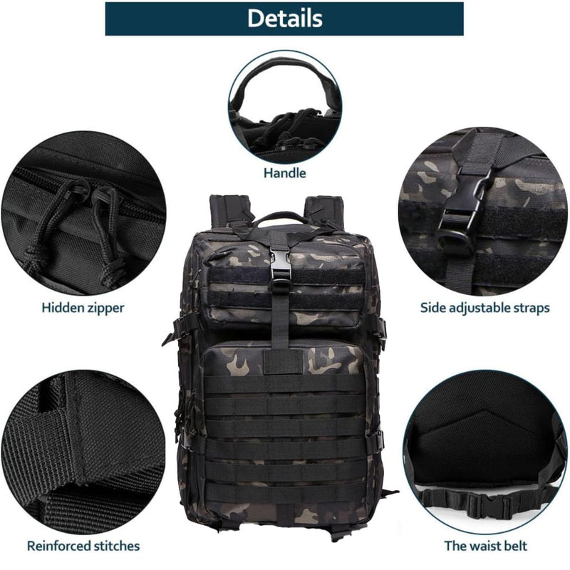 Mochila táctica militar de 45L. Backpack con sistema MOLLE. Bolso impermeable y resistente. Color negro camuflaje.