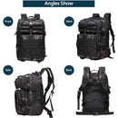 Mochila táctica militar de 45L. Backpack con sistema MOLLE. Bolso impermeable y resistente. Color negro camuflaje.
