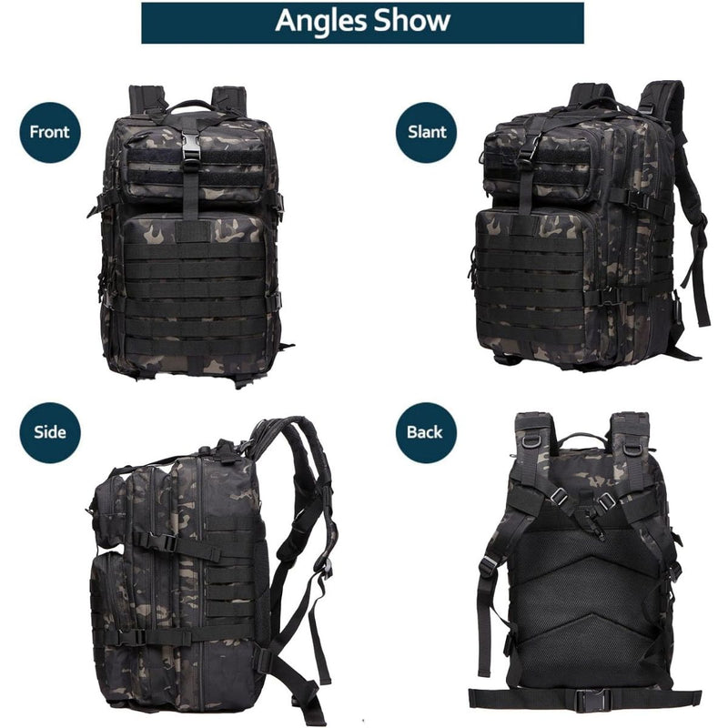 Mochila táctica militar de 45L. Backpack con sistema MOLLE. Bolso impermeable y resistente. Color negro camuflaje.