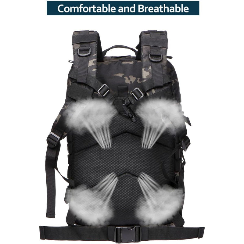 Mochila táctica militar de 45L. Backpack con sistema MOLLE. Bolso impermeable y resistente. Color negro camuflaje.