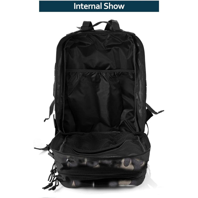 Mochila táctica militar de 45L. Backpack con sistema MOLLE. Bolso impermeable y resistente. Color negro camuflaje.