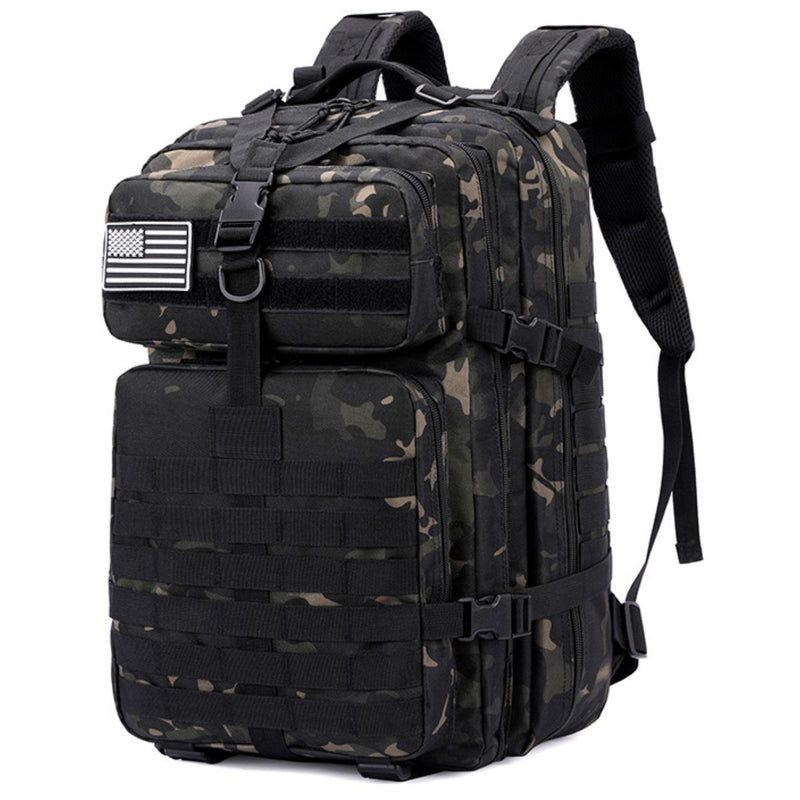 Mochila táctica militar de 45L. Backpack con sistema MOLLE. Bolso impermeable y resistente. Color negro camuflaje.