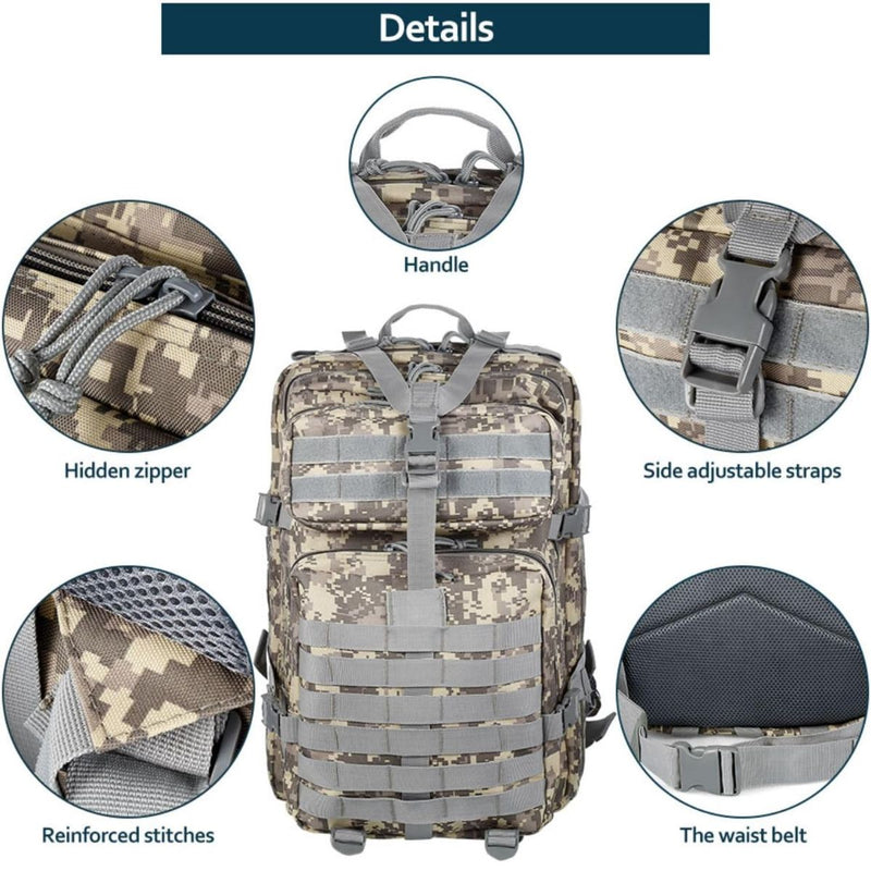 Mochila táctica militar de 45L. Backpack con sistema MOLLE. Bolso impermeable y resistente. Color camuflaje claro.