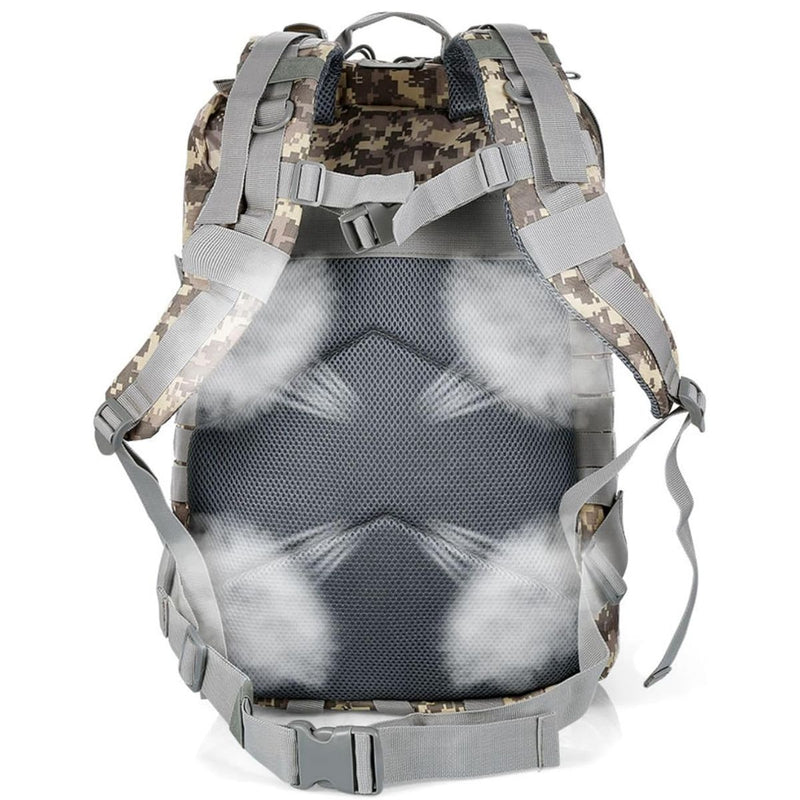 Mochila táctica militar de 45L. Backpack con sistema MOLLE. Bolso impermeable y resistente. Color camuflaje claro.