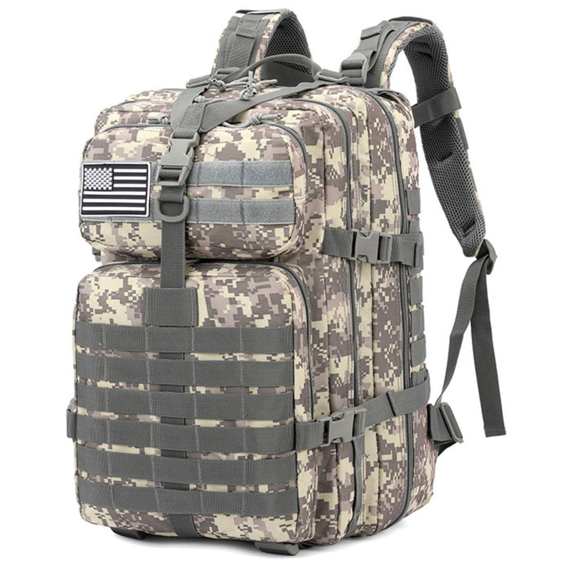 Mochila táctica militar de 45L. Backpack con sistema MOLLE. Bolso impermeable y resistente. Color camuflaje claro.