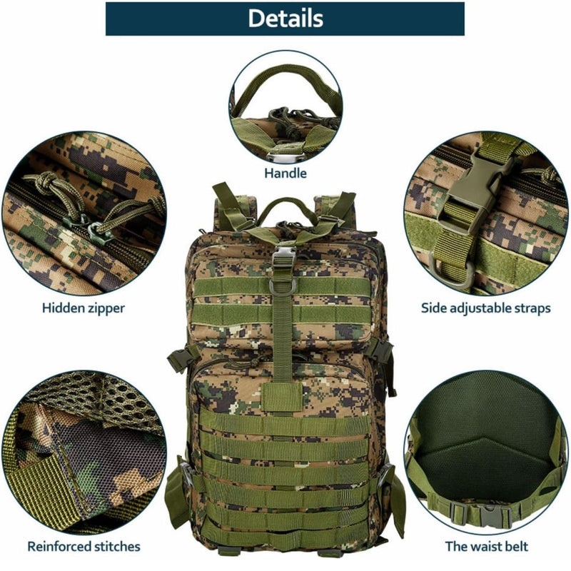Mochila táctica militar de 45L. Backpack con sistema MOLLE. Bolso impermeable y resistente. Color camuflaje.