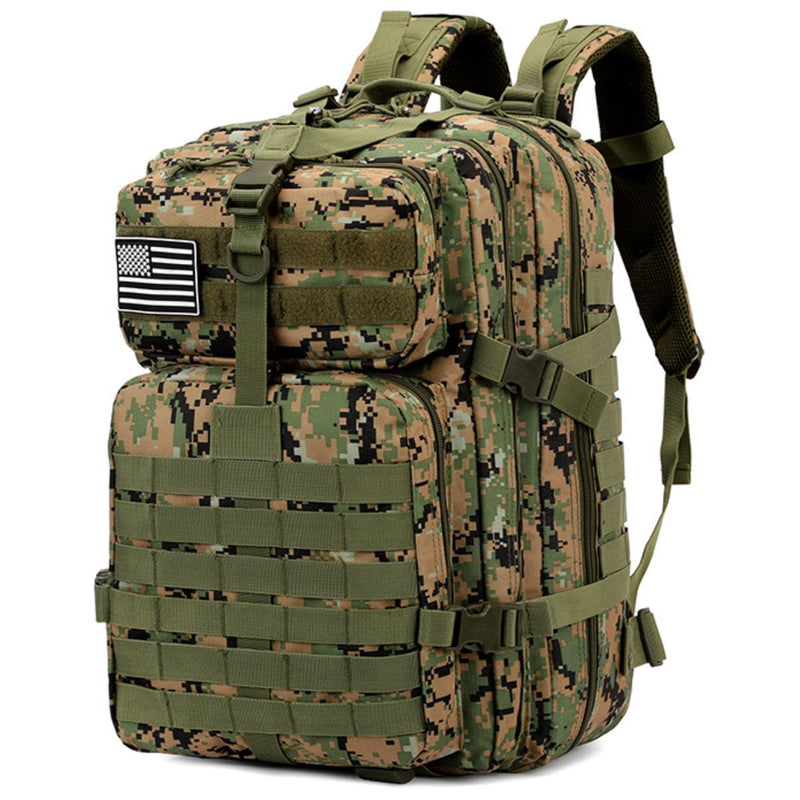 Mochila táctica militar de 45L. Backpack con sistema MOLLE. Bolso impermeable y resistente. Color camuflaje.