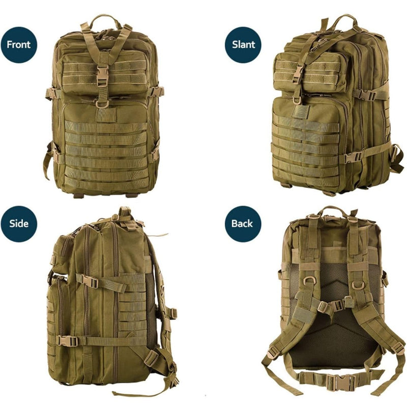 Mochila táctica militar de 45L. Backpack con sistema MOLLE. Bolso impermeable y resistente. Color Caqui.