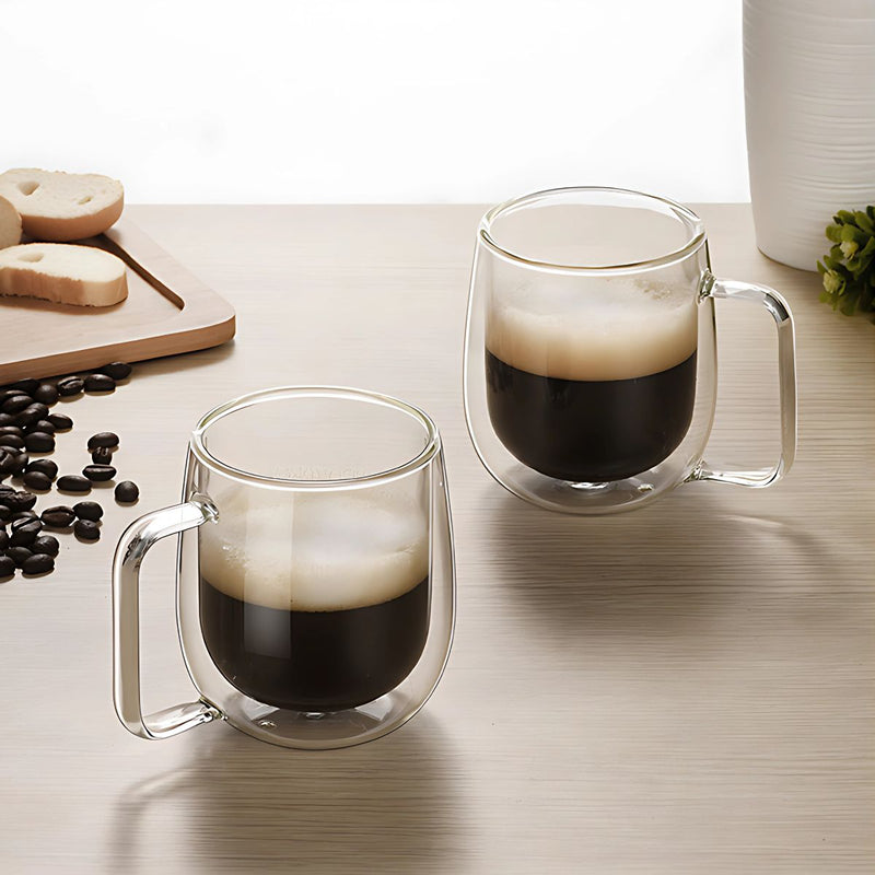 Tazas de vidrio con doble pared borosilicato. 8.5oz (250ml) Set de 2 piezas. Vasos con asa Ideales para bebidas calientes.