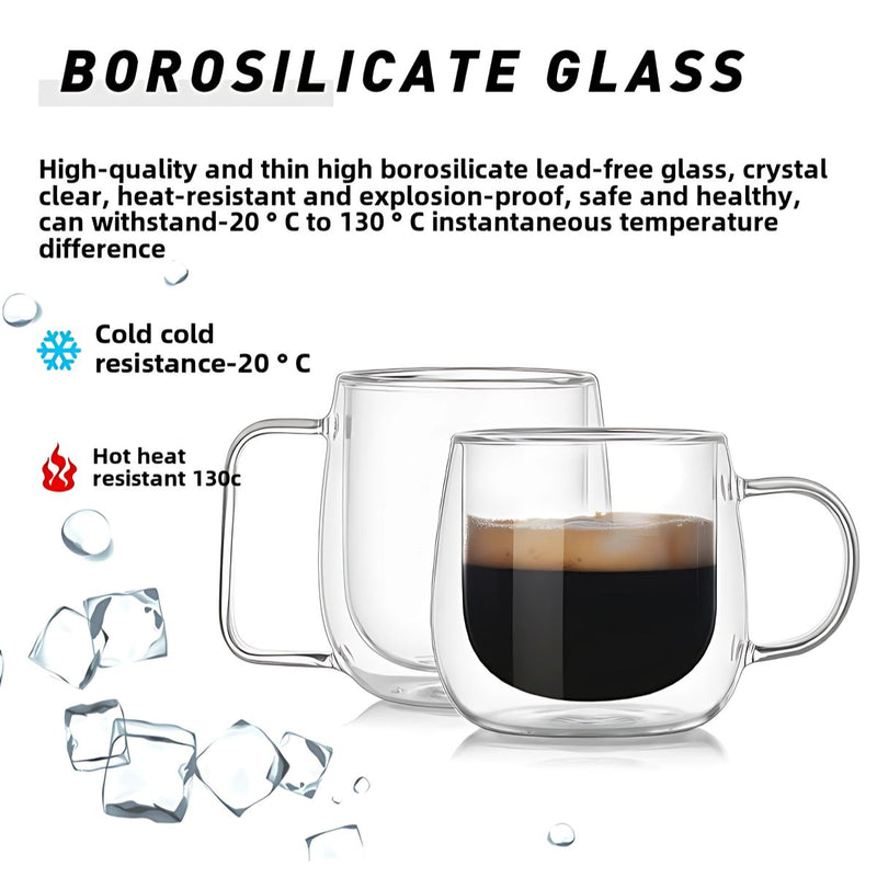 Tazas de vidrio con doble pared borosilicato. 8.5oz (250ml) Set de 2 piezas. Vasos con asa Ideales para bebidas calientes.