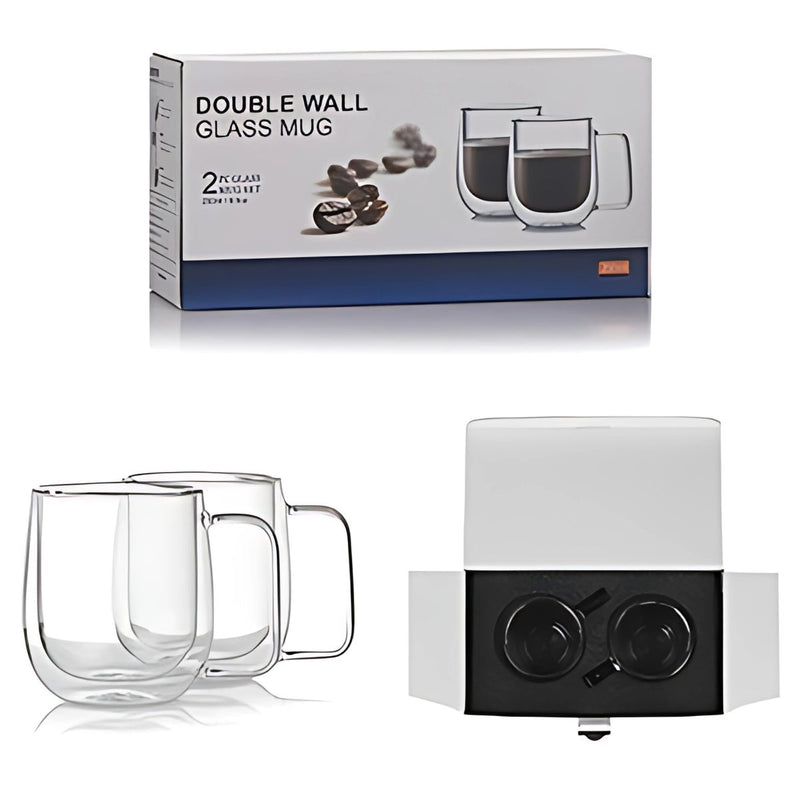 Tazas de vidrio con doble pared borosilicato. 8.5oz (250ml) Set de 2 piezas. Vasos con asa Ideales para bebidas calientes.