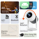 Proyector 4K Android 11 con WiFi Dual-Band, Bluetooth y Rotación 360°.