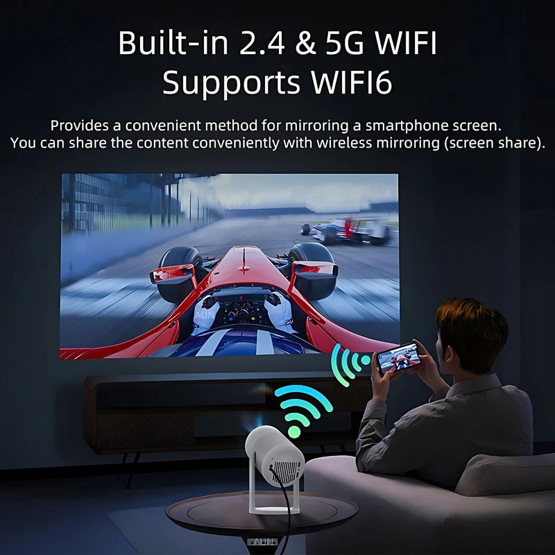 Proyector 4K Android 11 con WiFi Dual-Band, Bluetooth y Rotación 360°.