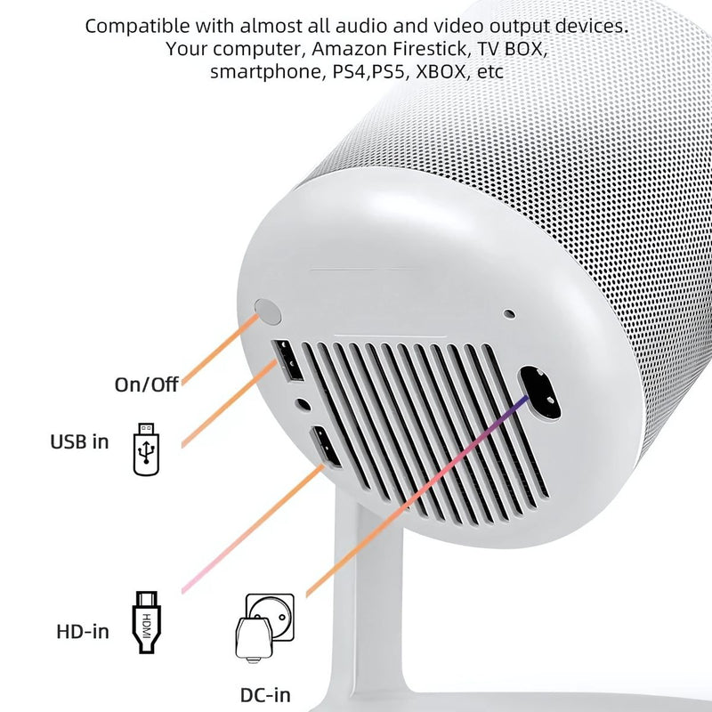Proyector 4K Android 11 con WiFi Dual-Band, Bluetooth y Rotación 360°.