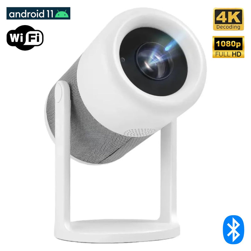 Proyector 4K Android 11 con WiFi Dual-Band, Bluetooth y Rotación 360°.
