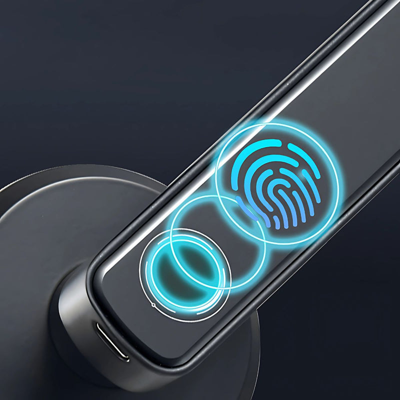 Cerradura Digital con huella dactilar y llave de respaldo. Cerrojo inteligente con manija.